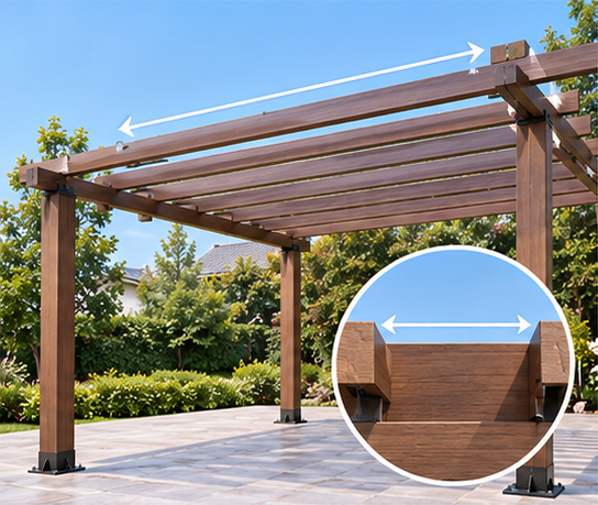 WPC pergola rafter span diagram showing beam-to-post connection